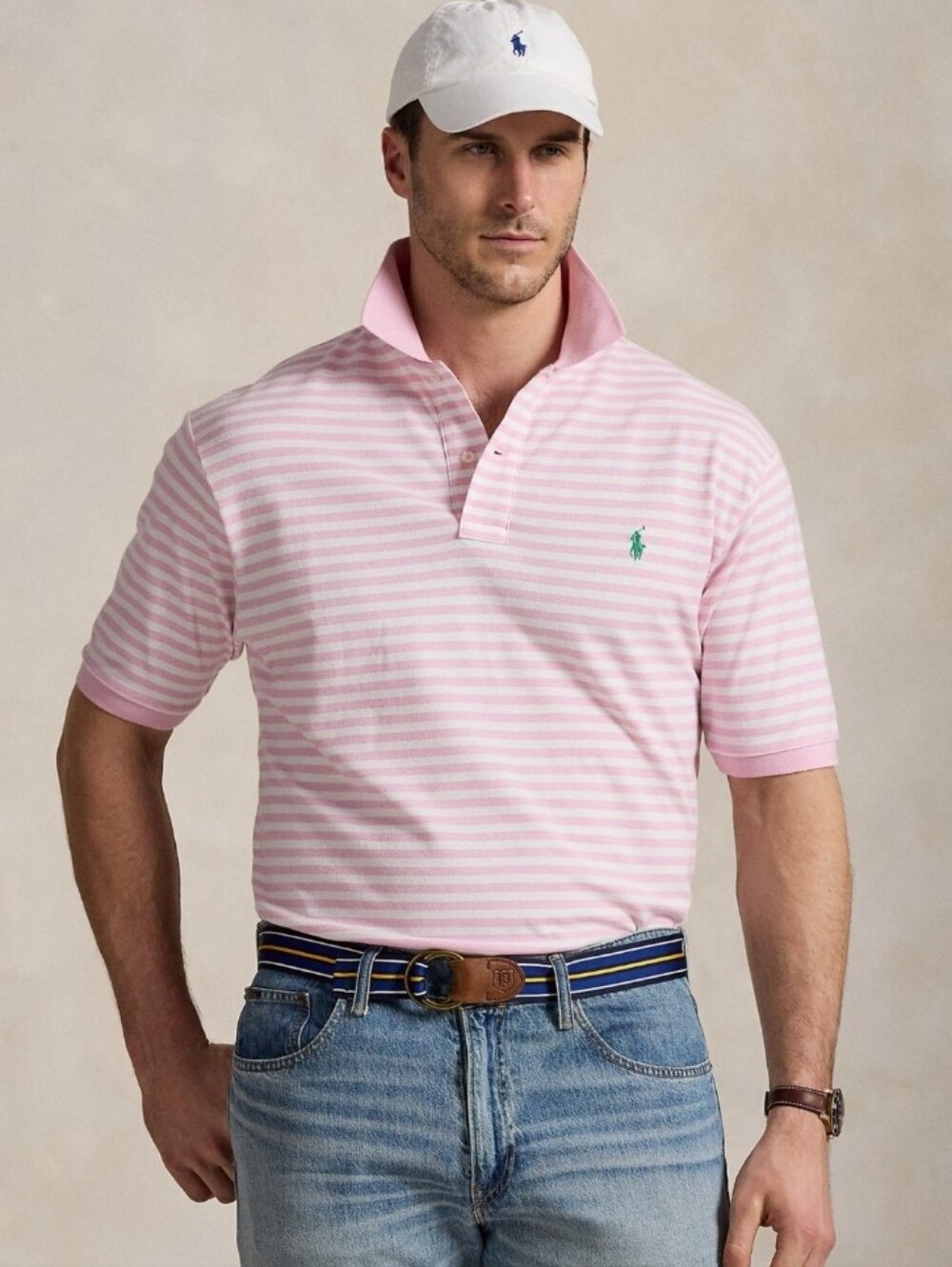 Polo Ralph Lauren Polo PInk White Striped WIth Green LOGO. NWT. Size XLT MEN'S